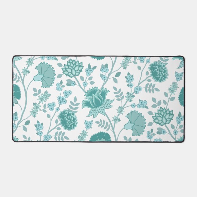 Jacobean Floral Lg Pattern Teals on White Desk Mat (Front)