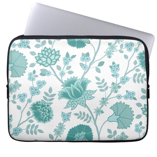Jacobean Floral Lg Pattern Teals on White Laptop Sleeve (Front)