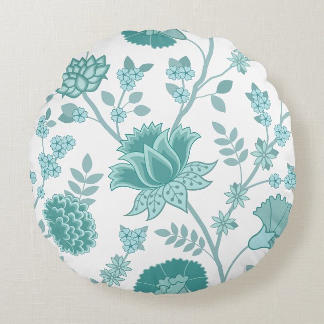 Jacobean Floral Lg Pattern Teals on White Round Cushion (Front)