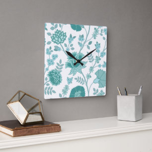 Jacobean Floral Lg Pattern Teals on White Square Wall Clock