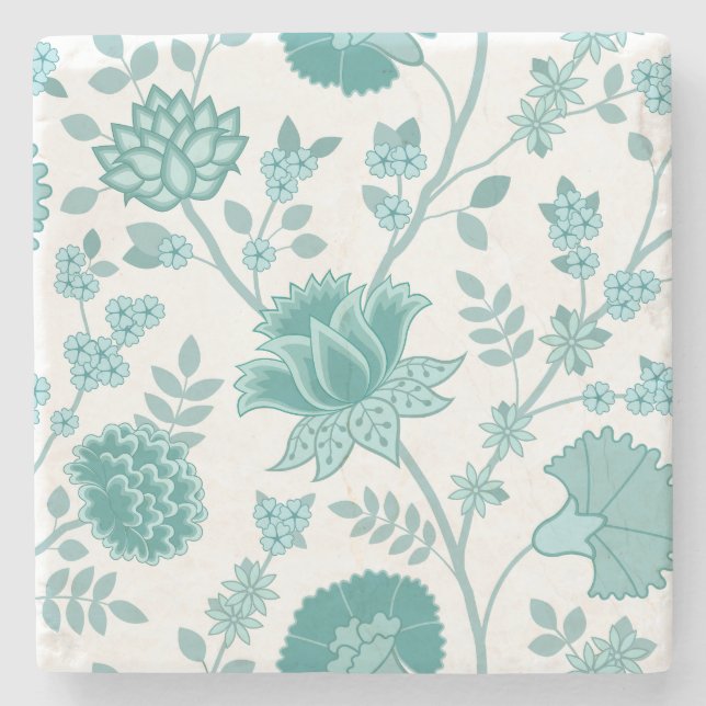 Jacobean Floral Lg Pattern Teals on White Stone Coaster (Front)