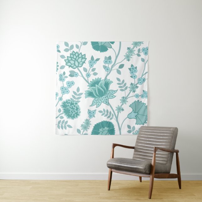 Jacobean Floral Lg Pattern Teals on White Tapestry (In Situ)