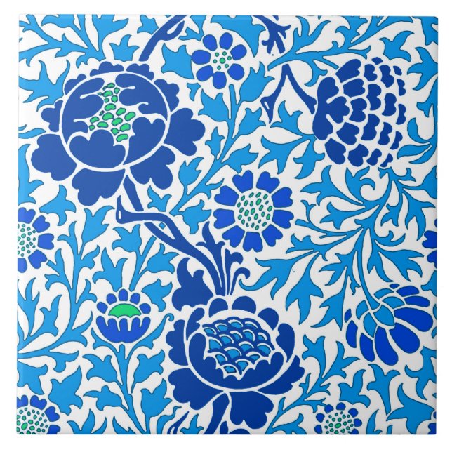 Jacobean Floral , Navy and Cerulean Blue Tile (Front)