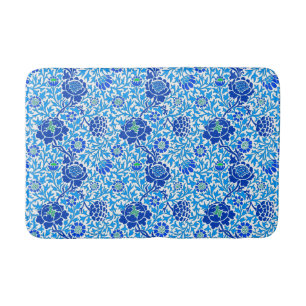 Jacobean Floral, Navy, White and Cerulean Blue Bath Mat