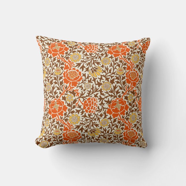 Jacobean Floral, Orange, Brown and Mustard Gold Cushion (Front)