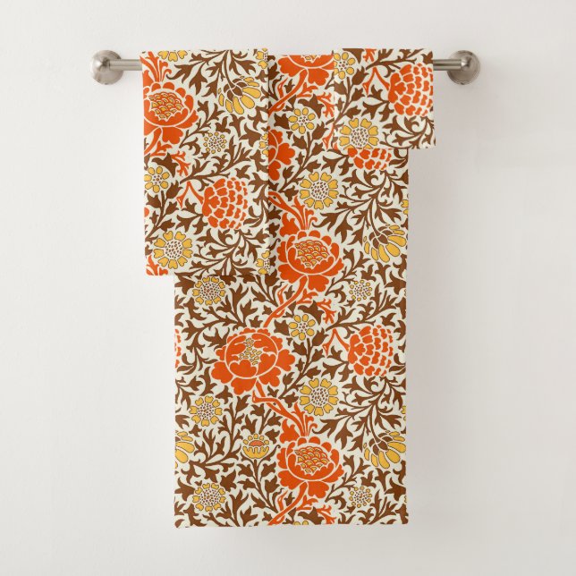 Jacobean Floral , Orange Brown & Mustard Gold Bath Towel Set (Insitu)