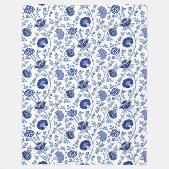 Jacobean Floral Pattern Blue on White Fleece Blanket (Front)