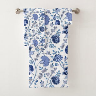Jacobean Floral Pattern Blues on White Bath Towel Set
