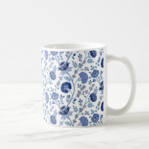 Jacobean Floral Pattern Blues on White
