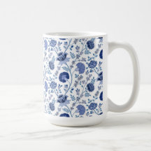 Jacobean Floral Pattern Blues on White