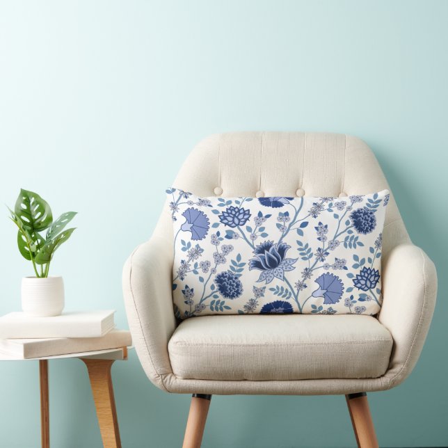 Jacobean Floral Pattern Blues on White Lumbar Cushion (Chair)