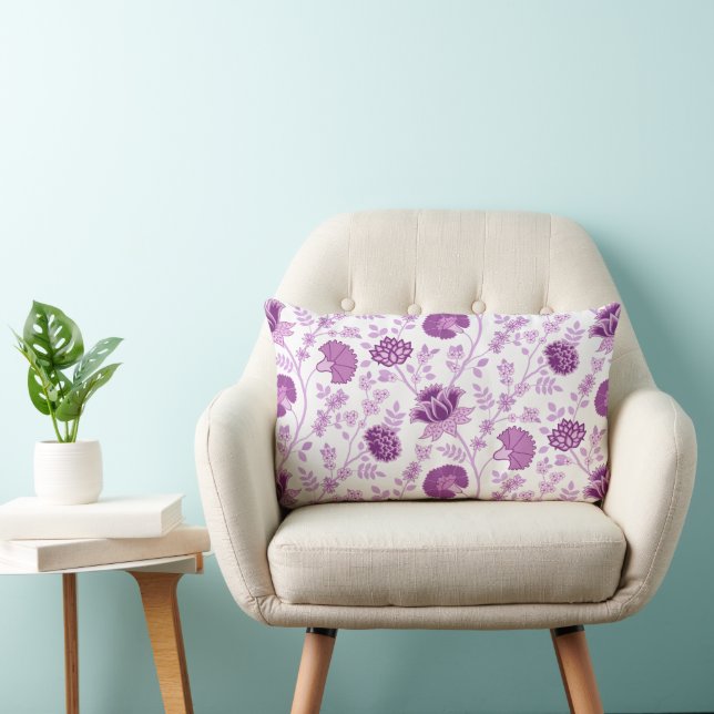 Jacobean Floral Pattern Pinks on White Lumbar Cushion (Chair)