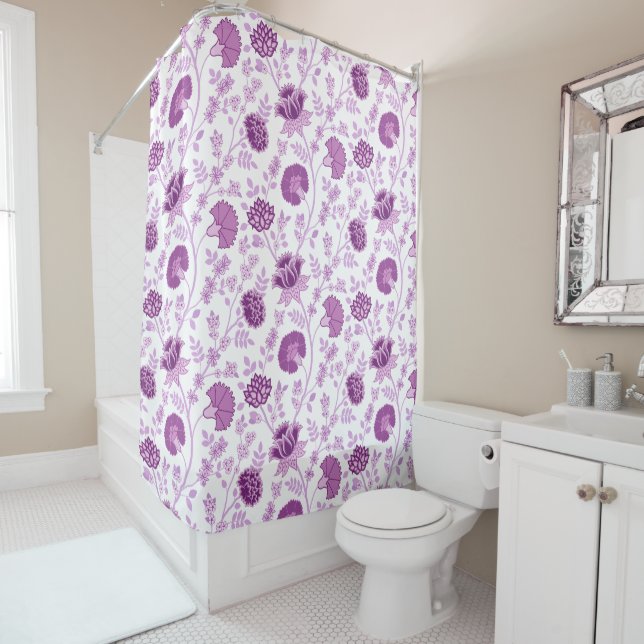 Jacobean Floral Pattern Pinks on White Shower Curtain (In Situ)