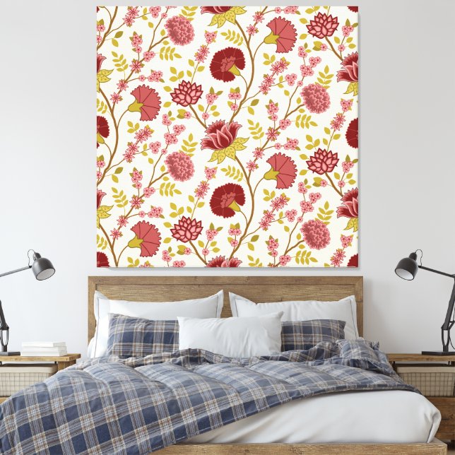 Jacobean Floral Pattern Reds Pinks Gold Cream Canvas Print (Insitu(Bedroom))