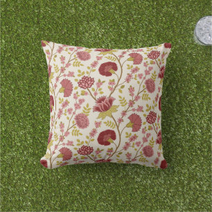 Jacobean Floral Pattern Reds Pinks Gold Cream Cushion