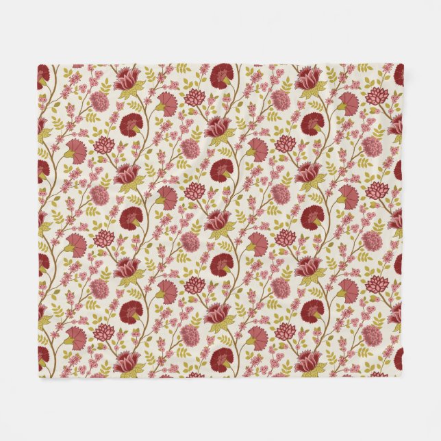 Jacobean Floral Pattern Reds Pinks Gold Cream Fleece Blanket (Front (Horizontal))