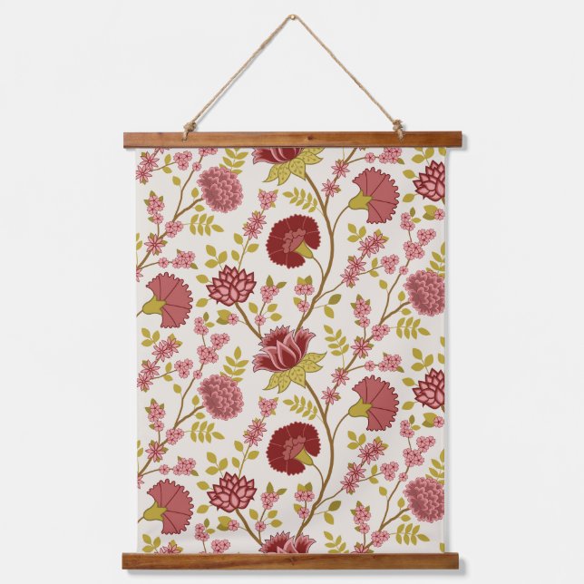 Jacobean Floral Pattern Reds Pinks Gold Cream Hanging Tapestry (Front)