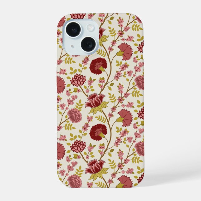 Jacobean Floral Pattern Reds Pinks Gold Cream iPhone 15 Case (Back)