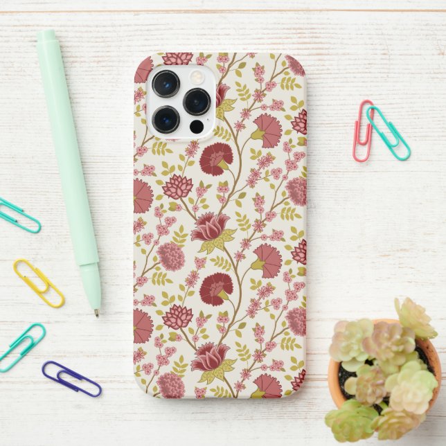 Jacobean Floral Pattern Reds Pinks Gold Cream iPhone Case (On Desk)