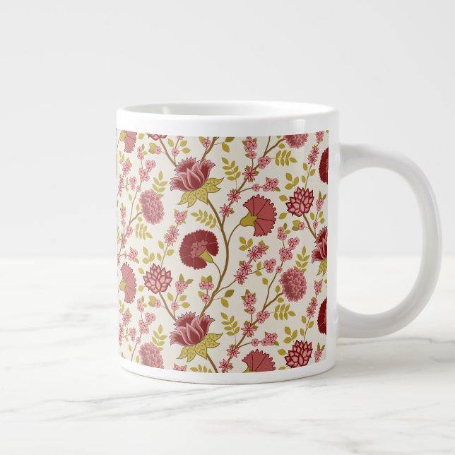 Jacobean Floral Pattern Reds Pinks Gold Cream Large Coffee Mug (Right)