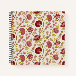 Jacobean Floral Pattern Reds Pinks Gold Cream Notebook