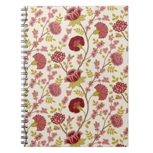 Jacobean Floral Pattern Reds Pinks Gold Cream Notebook