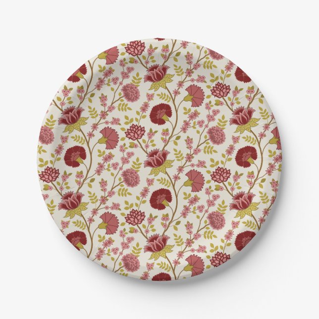 Jacobean Floral Pattern Reds Pinks Gold Cream Paper Plate (Front)