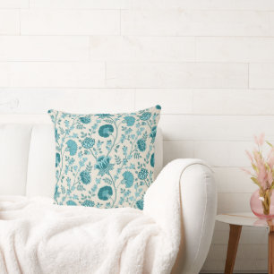 Jacobean Floral Pattern Teals on Cream Cushion