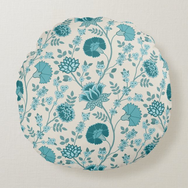 Jacobean Floral Pattern Teals on Cream Round Cushion (Front)