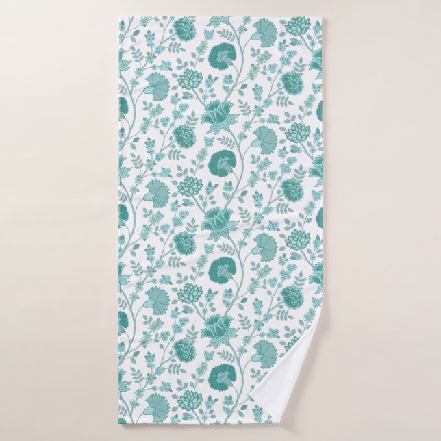 Jacobean Floral Pattern Teals on White Bath Towel (Bath Towel)
