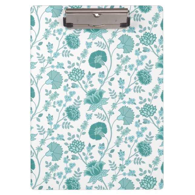 Jacobean Floral Pattern Teals on White Clipboard (Front)