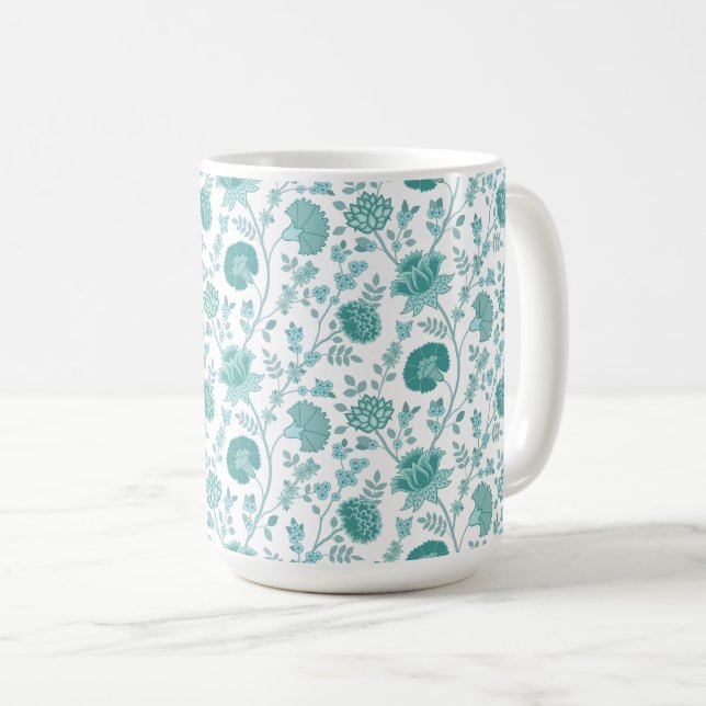 Jacobean Floral Pattern Teals on White Coffee Mug (Front Right)