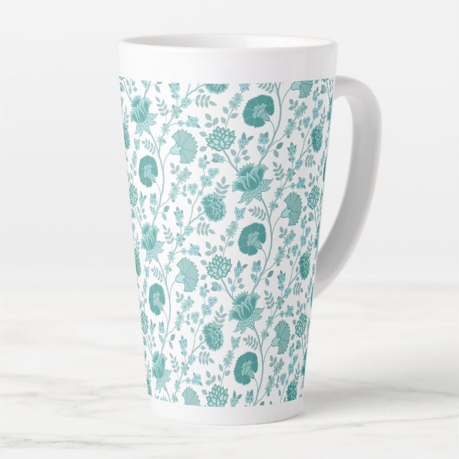 Jacobean Floral Pattern Teals on White Latte Mug (Right Angle)