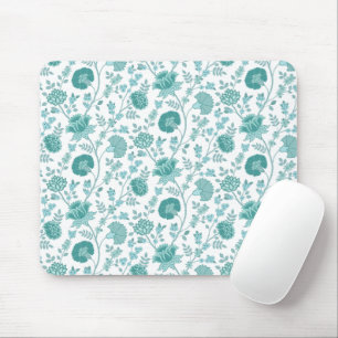 Jacobean Floral Pattern Teals on White Mouse Pad