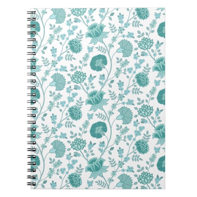 Jacobean Floral Pattern Teals on White Notebook (Front)