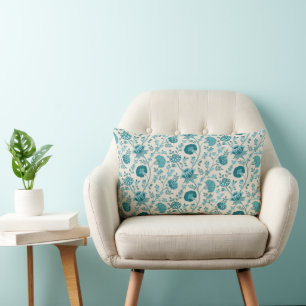 Jacobean Floral Repeat Pattern Teals on Cream Lumbar Cushion