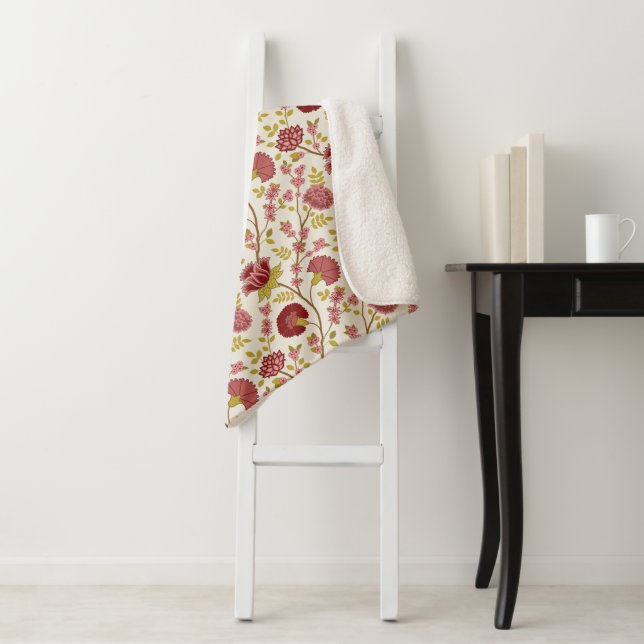 Jacobean Floral Rpt Pattern Reds Pinks Gold Cream Sherpa Blanket (In Situ)