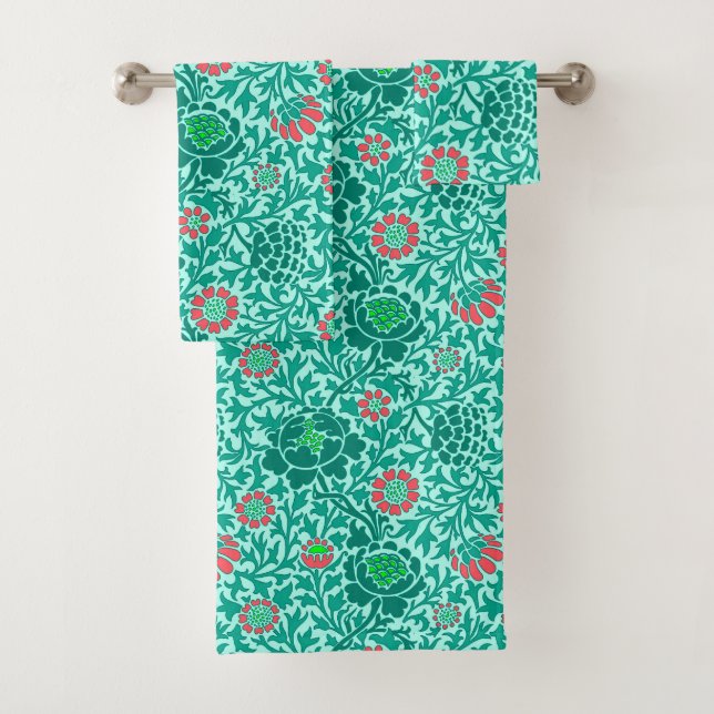 Jacobean Floral , Turquoise, Aqua & Coral Bath Towel Set (Insitu)