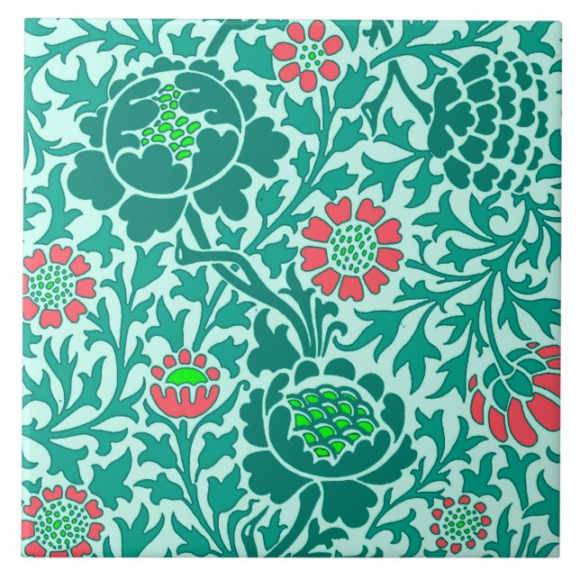 Jacobean Floral , Turquoise, Aqua & Coral Tile (Front)