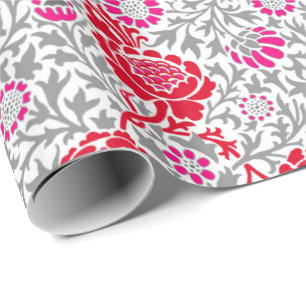 Jacobean Floral Wallpaper, Deep Red, Pink & Gray Wrapping Paper