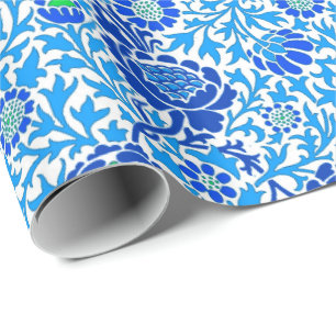Jacobean Floral Wallpaper, Navy and Cerulean Blue Wrapping Paper
