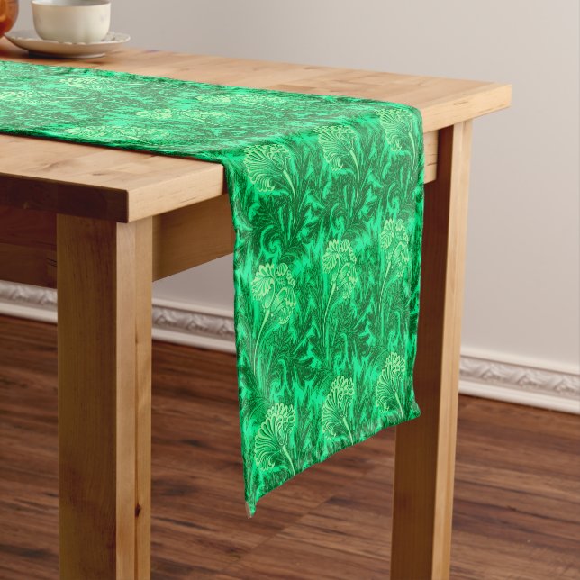 Jacobean Flower Damask, Emerald and Lime Green Short Table Runner (In Situ)