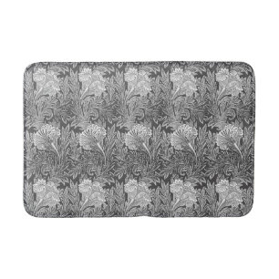 Jacobean Flower Damask, Grey / Grey and White Bath Mat