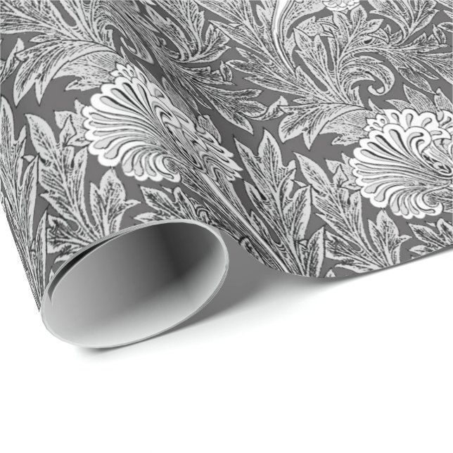 Jacobean Flower Damask, Grey / Grey and White Wrapping Paper (Roll Corner)
