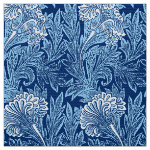 Jacobean Flower Damask, Navy, Sky Blue and White Fabric