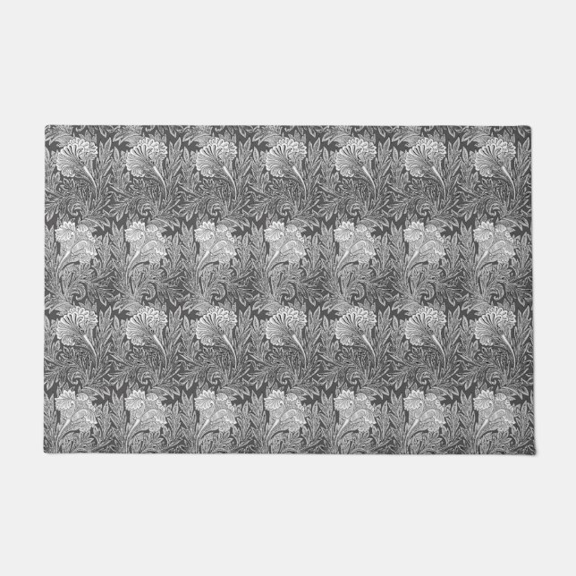 Jacobean Flower Damask, Silver Grey and White Doormat (Front)