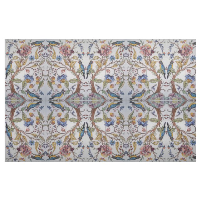 Jacobean Tile Design Bird Floral Soft Colour Fabri Fabric (Fat Quarter)