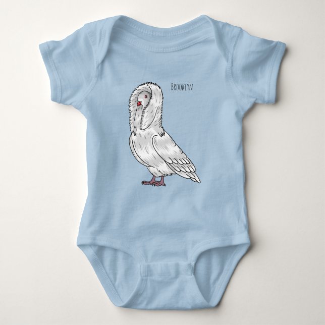Jacobin pigeon bird cartoon illustration baby bodysuit (Front)