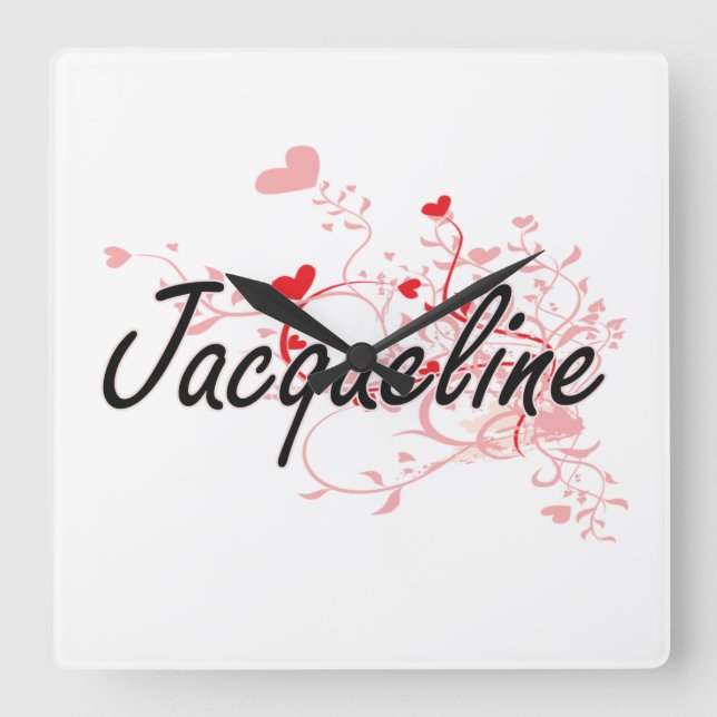 Jacqueline Artistic Name Design with Hearts Square Wall Clock (Front)