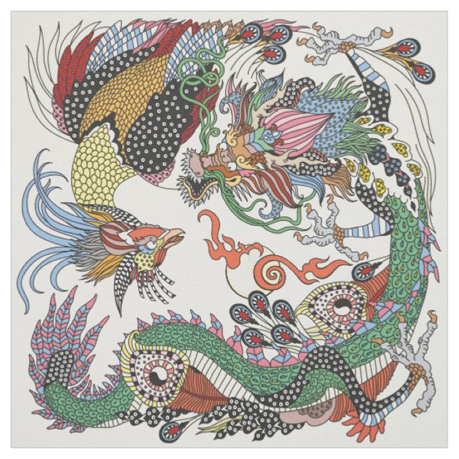 Jade Dragon and Gold Phoenix playing with a pearl Fabric (Swatch)